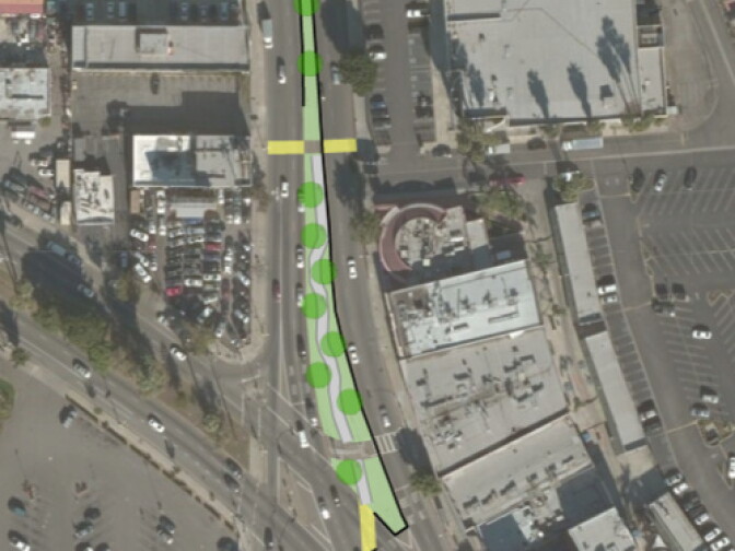 A site plan for the transformation of a median in the middle of Van Nuys Boulevard in Panorama City. The environmental group Pacoima Beautiful says they hope to put funding from the Great Streets Challenge toward development costs. 