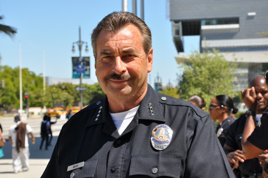 American flags were front and center, and the police presence was minimal, as marchers headed toward City Hall in downtown Los Angeles.