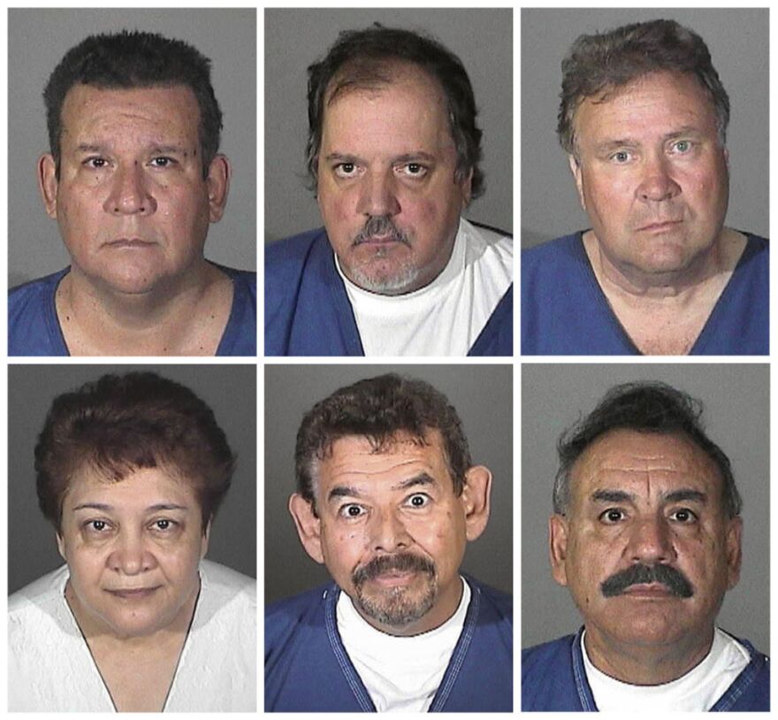 This combo made with booking photos provided by the Los Angeles County Sheriff's Department shows from top left, Luis Artiga, Victor Bello, George Cole, and Oscar Hernandez; from bottom left, Teresa Jacobo, George Mirabal, Robert Rizzo, and Peir'Angela Spaccia. The eight are charged with taking more than $5.5 million from the working-class suburb of Bell, Calif. in a scandal that triggered nationwide outrage and calls for more transparency in government.