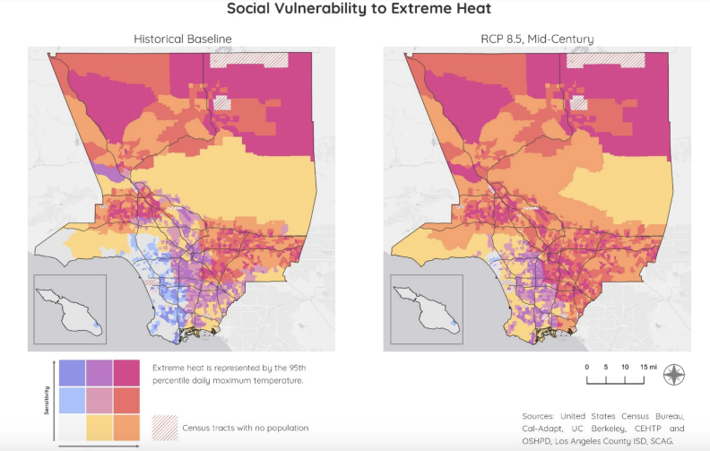 Two maps side by side showing how extreme heat will increase by mid century and which communities will be most affected. Census tracts with a dark red, orange or yellow color, many of which are in the north and eastern areas of Los Angeles will be the most affected.