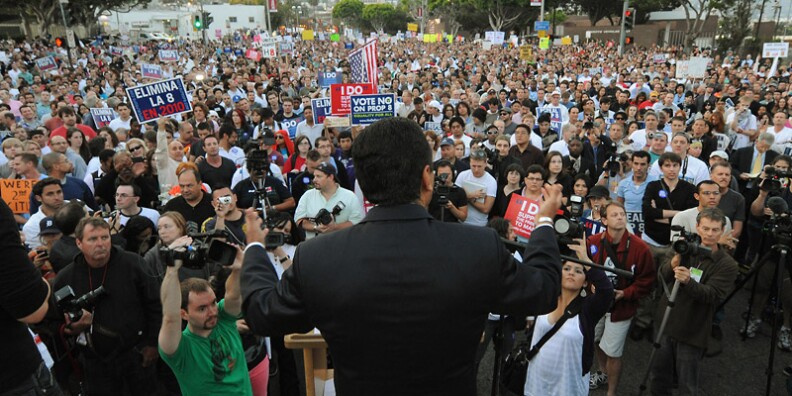 Mayor Antonio Villaraigosa speaks during a Gay rights protest rally in Hollywood on May 26, 2009. California's Supreme Court upheld a referendum that outlawed gay marriage, but said 18,000 same-sex weddings carried out before the ban would remain valid.