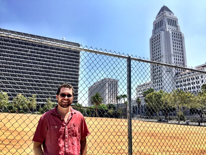 Robert Petersen, host of The Hidden History of Los Angeles podcast, at First and Spring in downtown Los Angeles — a very historic vacant lot.