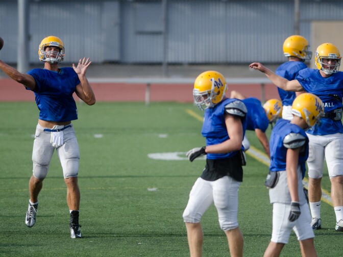 Kevin Dillman, 16, of La Mirada High School's Matadores varsity football team throws a pass during practice in La Mirada, Wednesday, September 5, 2012. A native of Sweden, Dillman plans to pursue his dream into college football and later make it his career in the National Football League.