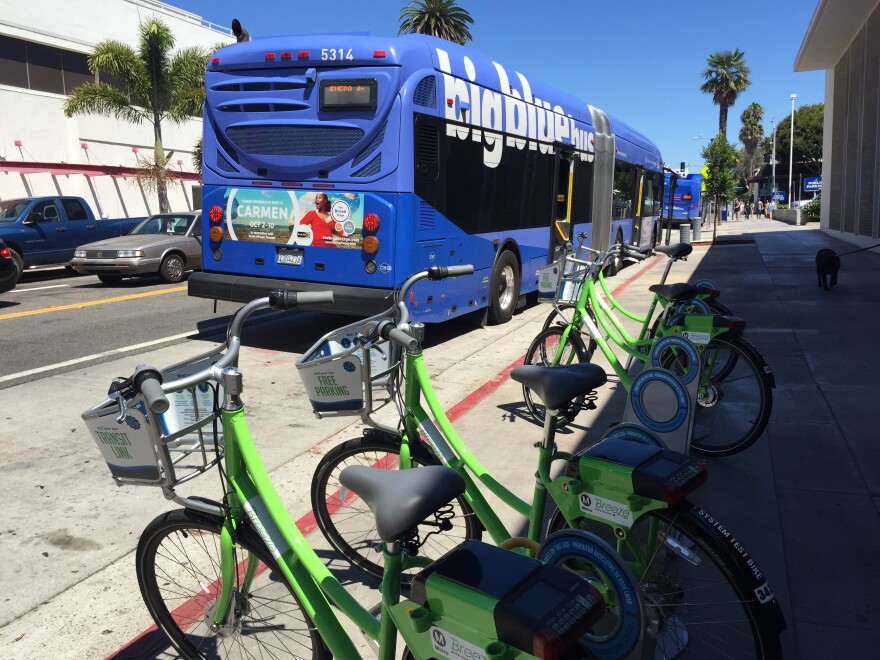 A Santa Monica Breeze bike-share station at Arizona Avenue and 4th Street near the Third Street Promenade is one of 75 set up in the community.