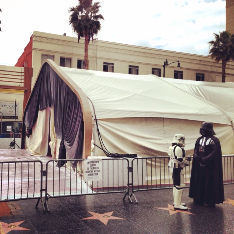 The famous red carpet at the Oscars was covered in plastic on Tuesday night, days before rain was forecasted to fall. 