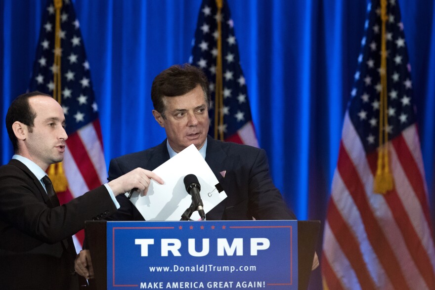 Campaign chairman Paul Manafort checks the podium before Republican Presidential candidate Donald Trump speaks during an event at Trump SoHo Hotel, June 22, 2016 in New York City. 