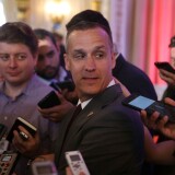 Corey Lewandowski, campaign manager for Republican presidential candidate Donald Trump, speaks with the media.