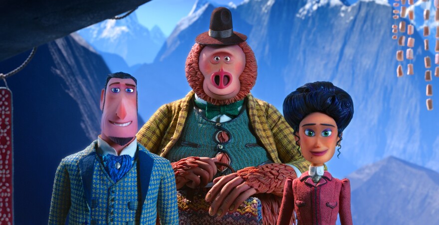 (L to R) Sir Lionel Frost voiced by Hugh Jackman, Mr. Link voiced by Zach Galifianakis and Adelina Fortnight voiced by Zoe Saldana in director Chris Butler’s MISSING LINK, a Laika Studios Production and Annapurna Pictures release. 