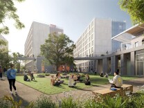 A rendering of a housing complex. Tall buildings surround a green lawn where a group of college aged students are sitting. Other students walk around the perimeter of the lawn and another is depicted sitting on a benxh