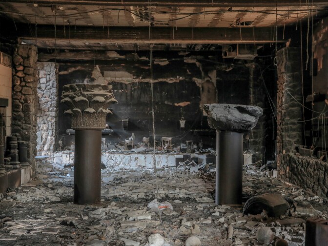 The reception area of Al-Mathaf hotel is badly damaged following Israeli bombardment. Photo taken on Feb. 3, 2024.