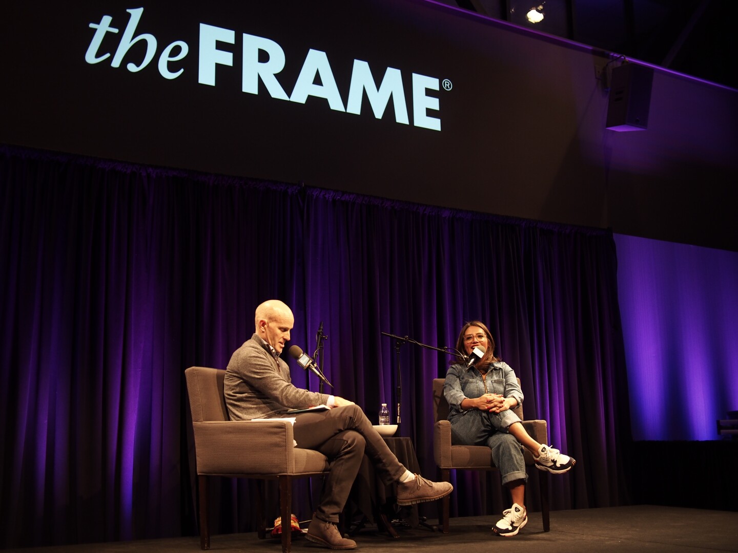 Comedian Cristela Alonzo with The Frame's John Horn at KPCC's Crawford Family Forum.