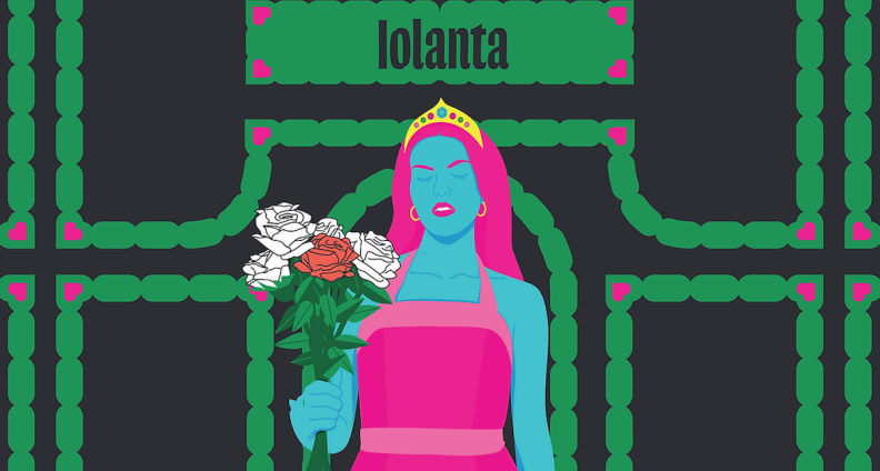 graphic of a woman in pink dress and pink hair, holding roses