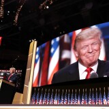 CLEVELAND, OH - JULY 21:  Republican presidential candidate Donald Trump delivers a speech during the evening session on the fourth day of the Republican National Convention on July 21, 2016 at the Quicken Loans Arena in Cleveland, Ohio. Republican presidential candidate Donald Trump received the number of votes needed to secure the party's nomination. An estimated 50,000 people are expected in Cleveland, including hundreds of protesters and members of the media. The four-day Republican National Convention kicked off on July 18.  (Photo by Chip Somodevilla/Getty Images)