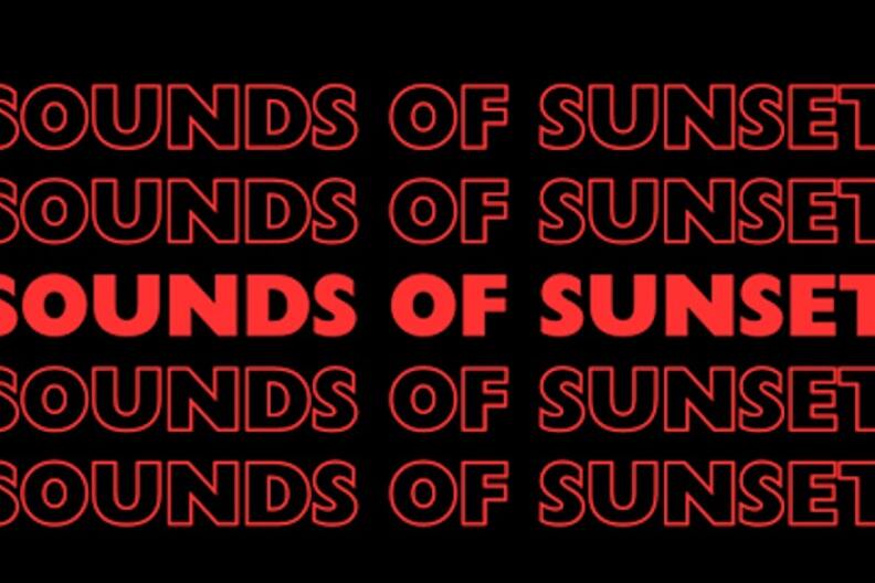 In red text, the words "Sounds of Sunset" are repeated on a black background.