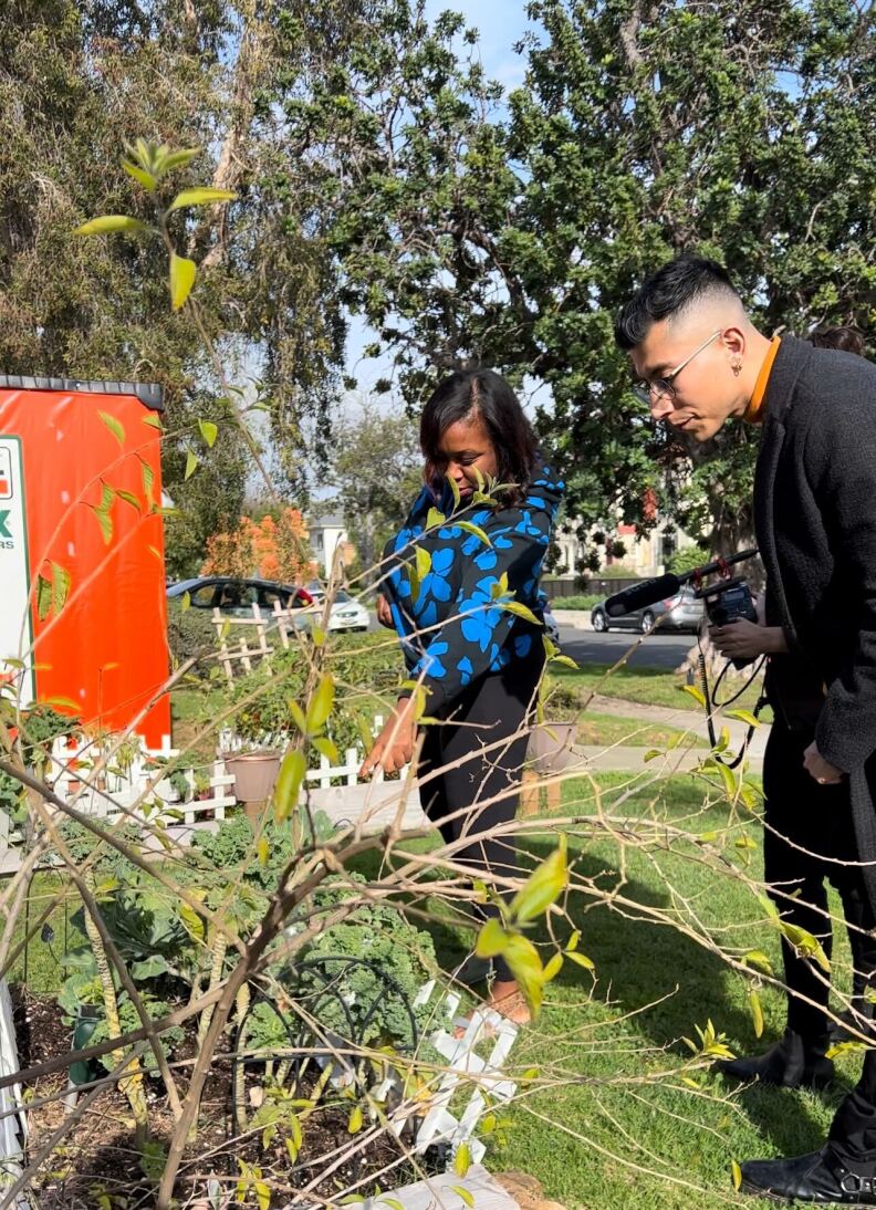 A brown-skinned Latino man and a dark-skinned Black woman examine a garden in Mid-City.