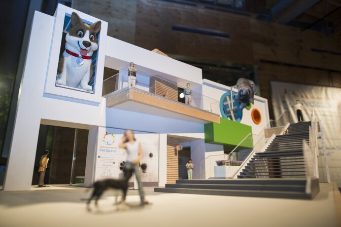 A model displays the Wallis Annenberg PetSpace in Playa Vista – a two-story, 30,000 square-foot space that will include a pet adoption center and exhibition space.