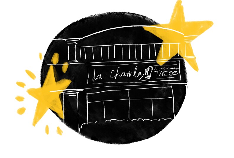 Gold stars float around a simple line drawing of a mini-mall building with a sign that reads "La Chancla" and "Tacos."