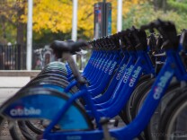 A row of Citibikes, the bike sharing program in New York City. Los Angeles has plans to roll out a bike sharing program in 2016.