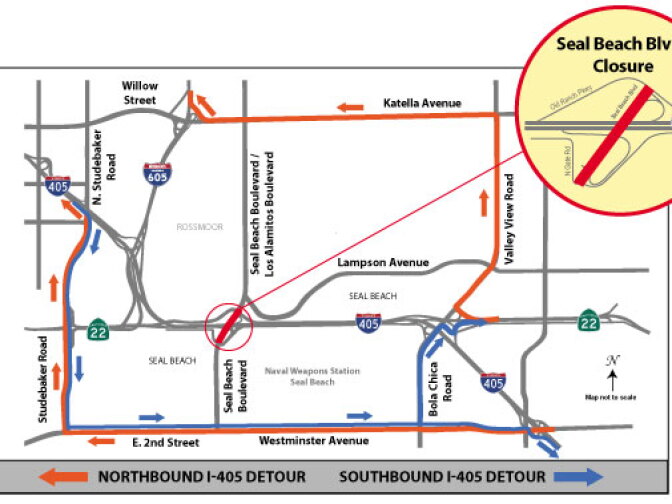 The 405 freeway is scheduled to be completely closed between Valley View Street and Studebaker Road on Friday and Saturday nights from 11 p.m. to 7 a.m. 