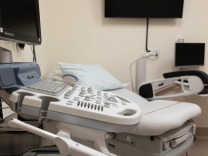 A medical examination room with a bed, video screens and monitoring devices