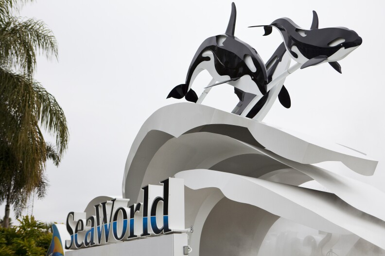 ORLANDO -  FEBRUARY 24:  The sign at the entrance to SeaWorld February 24, 2010 in Orlando, Florida. A female trainer who presumably slipped and fell in to a holding tank was fatally injured after she was attacked by an orca.  This is the third human death associated with the killer whale according to the Humane Society of the United States. (Photo by Matt Stroshane/Getty Images)