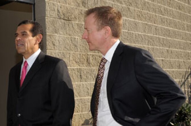 Mayor Antonio Villaraigosa and First Deputy Mayor and Chief Executive Officer for Economic and Business Policy Austin Beutner at the unveiling of WET's Idea Playground, a new complex dedicated to discovery and innovation featuring Los Angeles' first 'permeable' grass parking lot, on January 14, 2010 in Sun Valley, California.