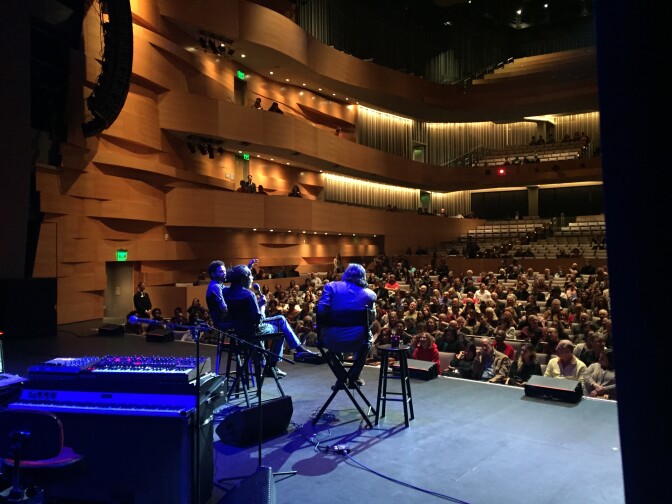 The scene from backstage as Bobby and Taylor McFerrin are interviewed by KPCC's Oscar Garza. 