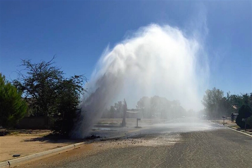 One of the many dramatic water line breaks in California City.