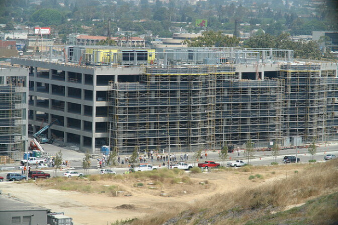 Construction crews at work on Horizon at Playa Vista, an area that has seen some of the biggest commercial rent increases. File photo. 