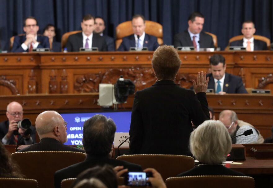 Former US Ambassador to the Ukraine Marie Yovanovitch is sworn in before the House Permanent Select Committee on Intelligence as part of the impeachment inquiry into US President Donald Trump, on Capitol Hill on November 15, 2019 in Washington DC. - Public impeachment hearings resume Friday with the testimony of former ambassador to Ukraine Marie Yovanovitch, who says she was ousted because the Trump administration believed she would not go along with plans to pressure Ukraine to investigate Democrat Joe Biden, a potential Trump White House rival in 2020. (Photo by Alex Wong / POOL / AFP) (Photo by ALEX WONG/POOL/AFP via Getty Images)