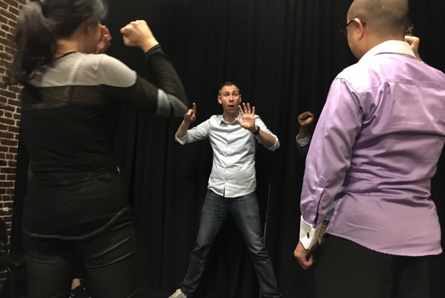 B.J. Lange, an Air Force veteran, teaches improvisation to other veterans during the first class at Second City on March 18, 2017. The Saturday class culminates in a performance in April.