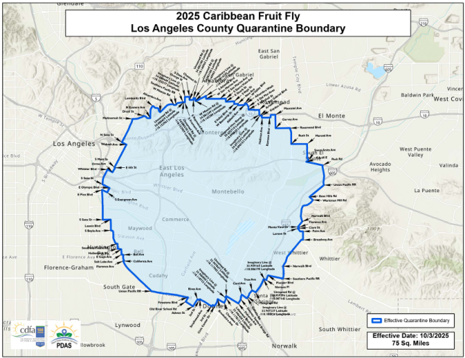 A map of a 75-square mile circle in L.A. County, bordered by Alhambra to the north, Downey to the south, Huntington Park to the west and South El Monte to the east.