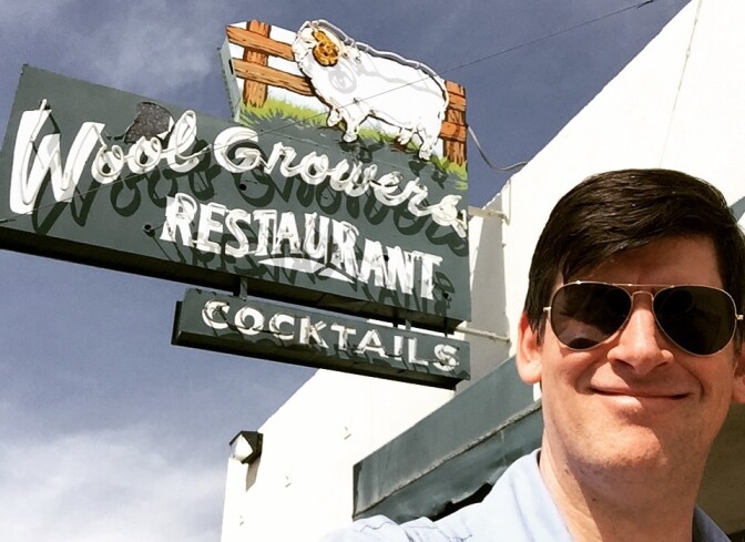Off-Ramp host John Rabe outside the Wool Growers Basque restaurant in Bakersfield, California