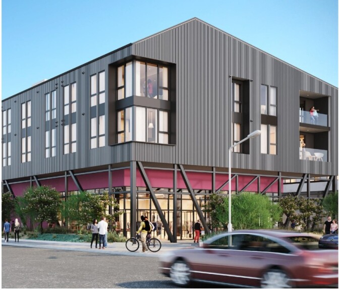 An artist's rendering of part of the Avenue 34 development in Lincoln Heights shows two sides of a three-story gray building with six windows on one side and three windows and a balcony on the other side.