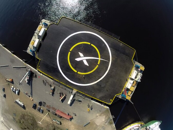 The landing pad for SpaceX's Falcon 9 rocket. It is a drone ship that is autonomously propelled by thrusters. It will not be anchored during the landing.