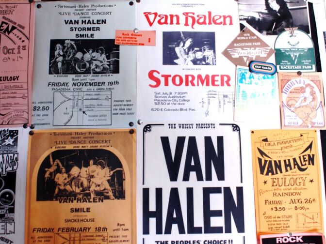 Wall of early Van Halen concert flyers at the unofficial “Van Halen Museum” in Altadena.