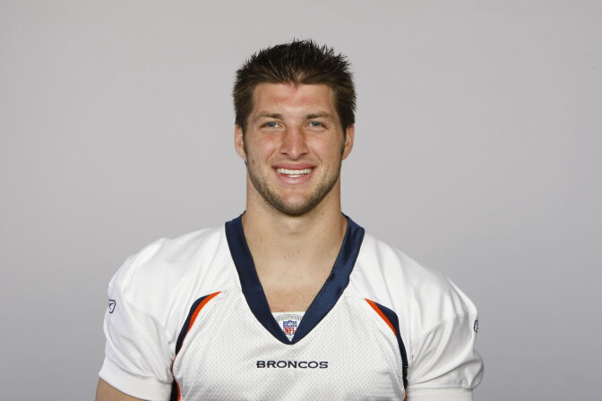 ENGLEWOOD, CO - CIRCA 2011: In this handout image provided by the NFL,  Tim Tebow of the Denver Broncos poses for his NFL headshot circa 2011 in Englewood, Colorado.  (Photo by NFL via Getty Images)