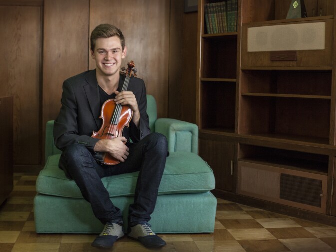 Blake Pouliot photographed in the Heifetz Studio at the Colburn School. 