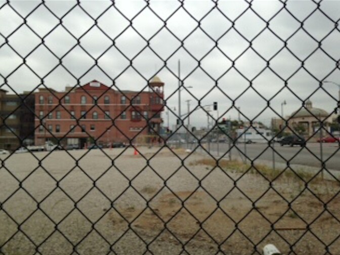 The view from the future site of the apartment development at First and Boyle: To the left is the historic Hotel Boyle, to the right the "kiosko" bandshell of Mariachi Plaza.