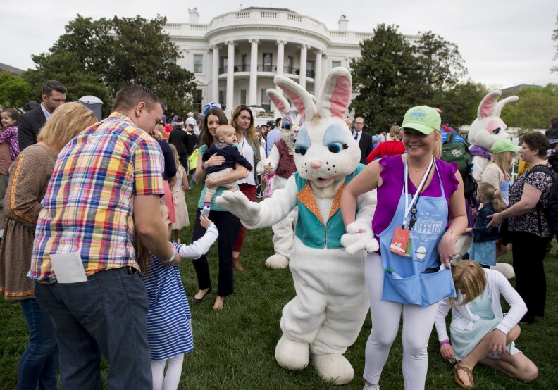 The Easter Bunny greets attendees during the 139th White House Easter Egg Roll on the South Lawn of the White House in Washington, DC, April 17, 2017.