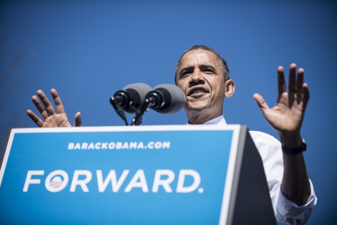US President Barack Obama speaks during a rally at Veterans Memorial Park on October 18, 2012 in Manchester, New Hampshire. Obama is traveling to New Hampshire and New York to attend campaign events before appearing on the 'Daily Show' and attending the 2012 Al Smith Dinner.