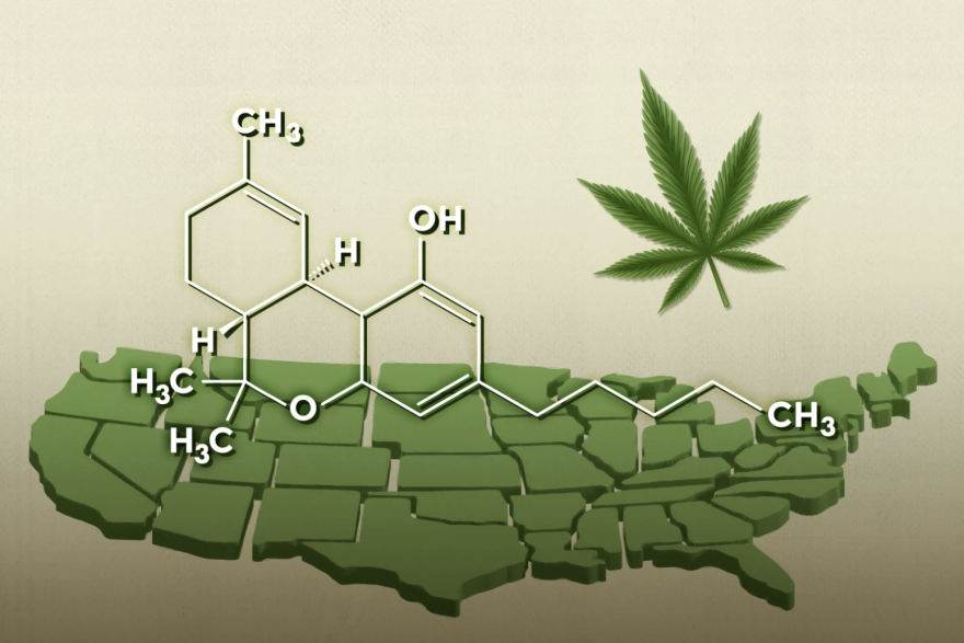 An illustration displays a green, segmented version of the United States, featuring drawn, hexagonal representations of chemical compounds.