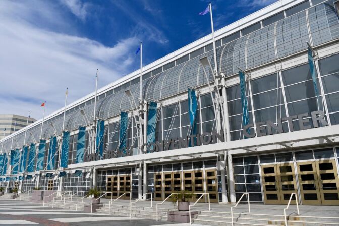 An entrance to the Long Beach Convention Center is seen on April 7, 2021 in Long Beach, California. - The Long Beach mayor tweeted that the city council approved a proposal to temporally lease the center to the US Department of Health and Human Services (HHS) as part of a plan to shelter unaccompanied migrant children. The convention center parking lot is also part of a Covid-19 vaccination site. (Photo by Patrick T. FALLON / AFP) (Photo by PATRICK T. FALLON/AFP via Getty Images)