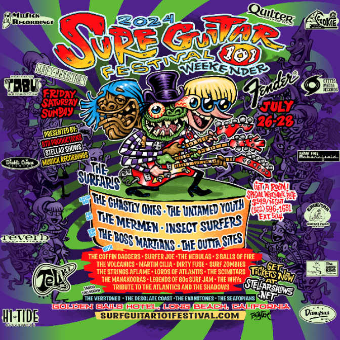 Festival poster with funk monster illustrations playing guitar and bubbly text listing artists. 