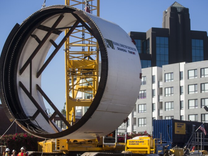 A segment of a tunnel boring machine is lowered into the Regional Connector Transit Project in Little Tokyo on Wednesday morning, Oct. 29, 2016. The project aims to reduce the need to transfer for riders and make rail trips to and through downtown Los Angeles faster and more convenient.