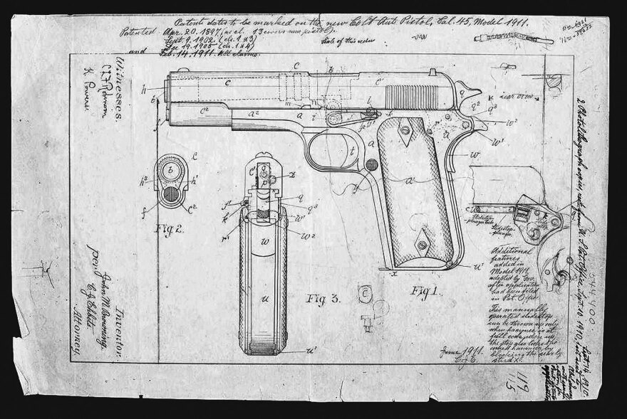 Firearms designer John Browning submitted this design for the M1911 pistol to the U.S. Patent Office in September 1910.