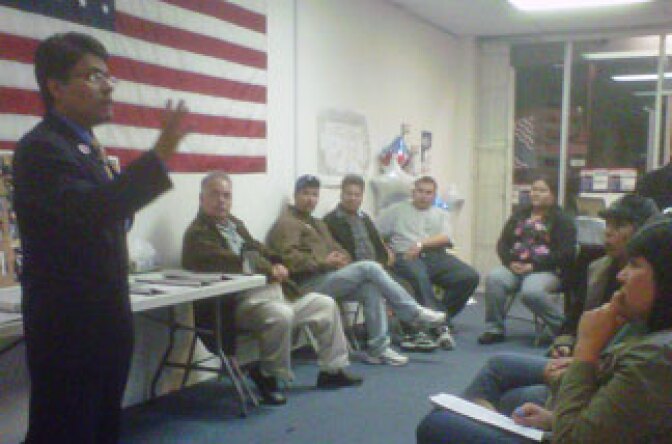 City Council election winner Nestor Enrique Valencia speaks to supporters at his campaign headquarters on March 8, 2011.