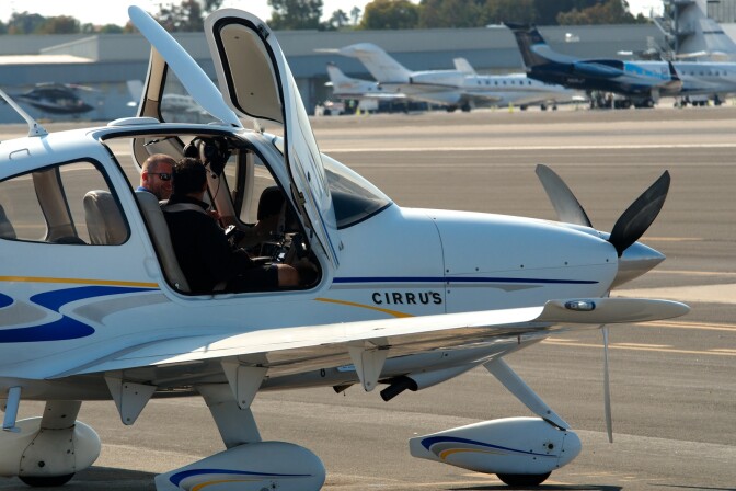 Simon Ray finishes a flying lesson with Daniel Valdez. They flew into Santa Monica Airport from San Diego.