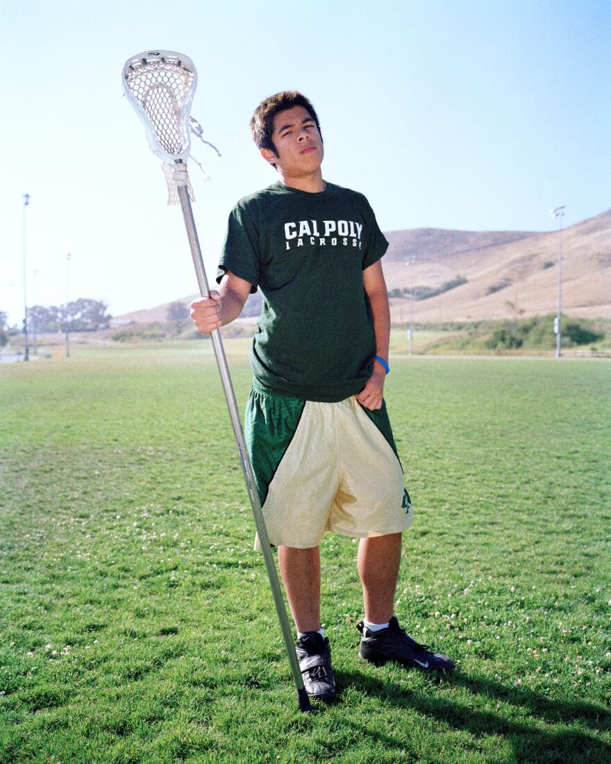 Adrian, lacrosse, Cal Poly Pomona, 2005. After his shoot, Adrian told photographer Jeff Sheng, "When I looked at your photographs, I saw for the first time others who I felt were similar to me. It was comforting to know that there were other gay athletes out there who were proud of who they were."