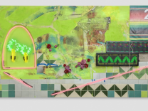 An abstract painting with lots of greens by artist Patrick Martinez. 